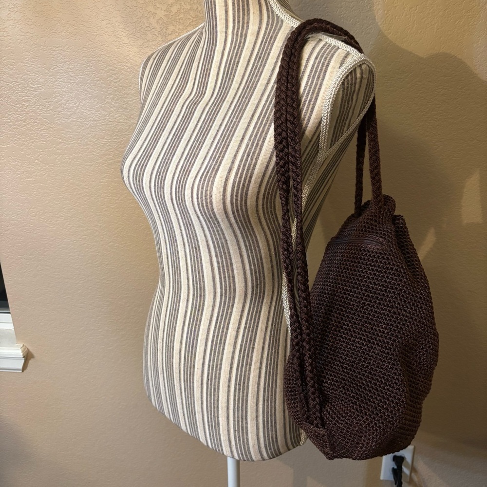 The Sak OMG Mini Backpack Chocolate Brown Crochet Knit Drawstring Pockets Boho - Picture 14 of 16